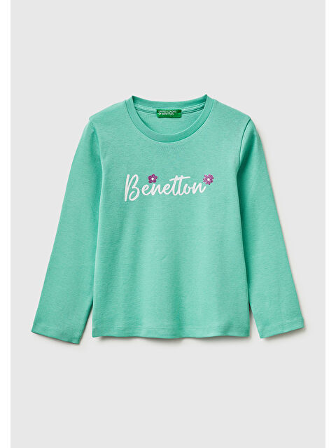 United Colors Of Benetton Kız Çocuk Mint Simli Renkli Grafik Baskılı Yuvarlak Yaka Uzun Kollu T-Shirt