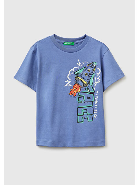 United Colors Of Benetton Erkek Çocuk Havacı Mavi Baskılı Logo Etiketli Bisiklet Yaka Kısa Kollu T-Shirt