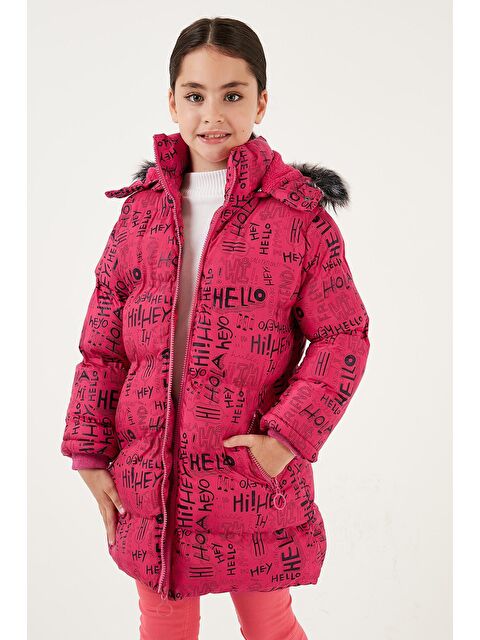 Lela Yakası Suni Kürklü Yazı Baskılı Çıkarılabilir Kapüşonlu Peluş Astarlı Kışlık Mont 5761984 - S000077116-18686