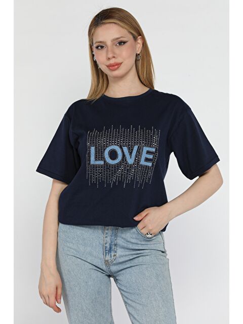 Gülseli Love Taşlı Bisiklet Yaka Kadın Tişört - S000379901-21164