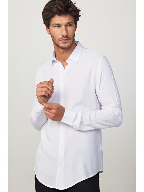 TUDORS Slim Fit Dar Kesim Uzun Kol Dökümlü Viskon Şık Erkek Beyaz Gömlek