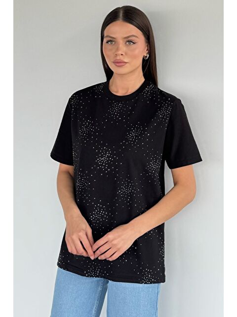 Gülseli Kadın Bisiklet Yaka Taş İşlemeli Tişört