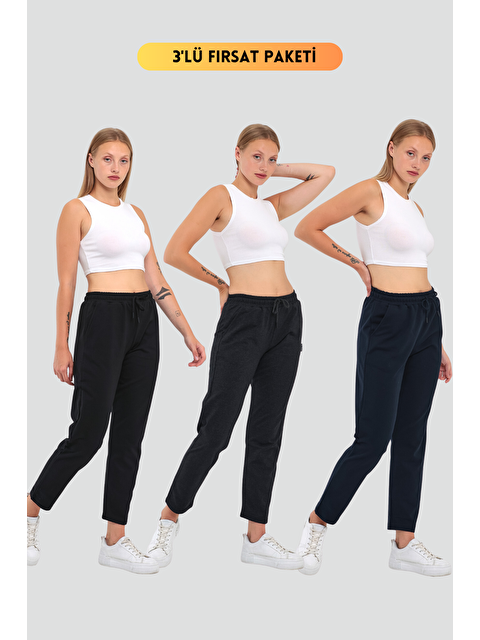 Mmetalic 3'lü Kadın Lacivert Klasik Cepli Eşofman Altı - S000229147-2596