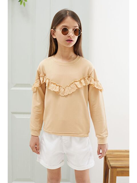 Pembe Life Kids Club Krem Dantel Detaylı Bisiklet Yaka Kız Çocuk Sweatshirt 18543 - S000177464-19966