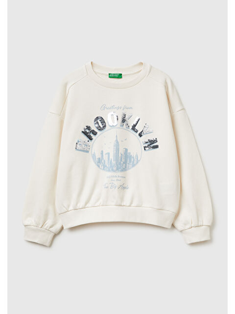United Colors Of Benetton Kız Çocuk Ekru Simli Grafik Baskılı Yuvarlak Yaka Ribanalı Sweatshirt
