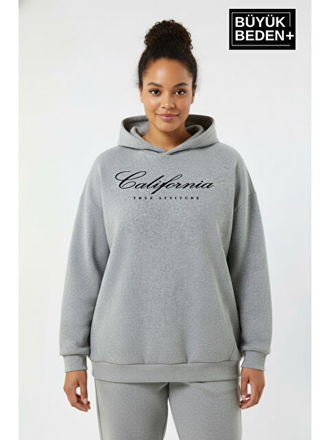 Süperlife Kadın Büyük Beden Kapüşonlu El Yazılı California Baskılı İnce Swatshırt SPR25BSWK959 - S000480579-17308