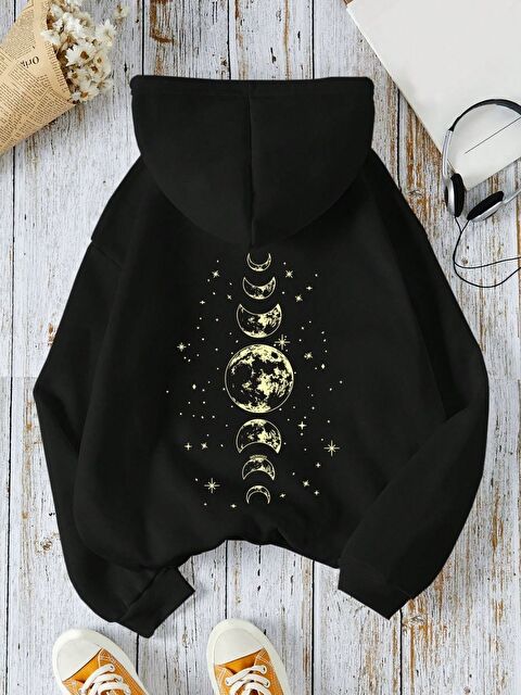 Trendseninle Siyah Moon Phase Baskılı Oversize Kapüşonlu Sweatshirt Uzun Kollu Hoodie - S000473729-6381
