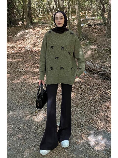 Lamelif Kurdeleli Triko Kazak Haki - S000517974-18547