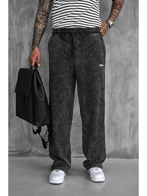 Abluka Online Erkek Baskılı Yıkamalı Baggy Fit Eşofman Siyah - S000491514-19351
