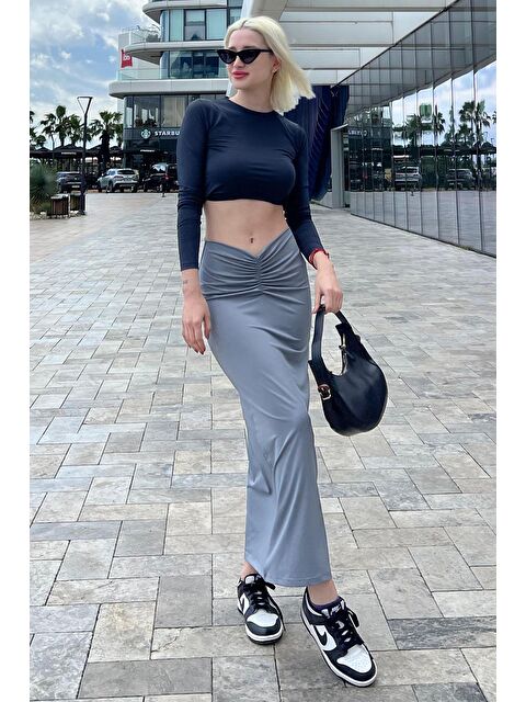 Madmext Boyalı Gri Önden Büzgülü Midi Etek Mg2084 - S000236655-22875