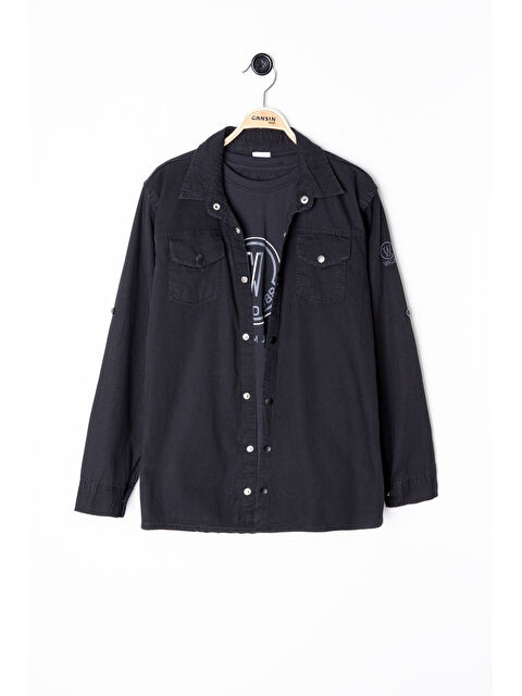 Wikiland Siyah Bisiklet Yaka Tişörtlü Erkek Çocuk Göğüs Cepli Jean Gömlek 20079 - S000527813-19351