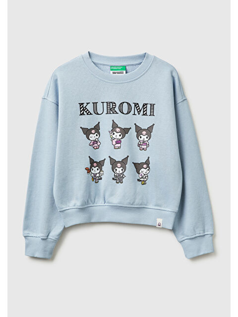 United Colors Of Benetton Kız Çocuk Buz Mavisi Önü ve Arkası Baskılı Etek Ucu Logolu Bisiklet Yaka Sweatshirt