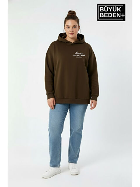Süperlife Kadın Büyük Beden Rahat Kalıp Hoodie -Unified Baskılı Kapüşonlu Sweatshirt SPR26BSWK968 - S000480601-19413