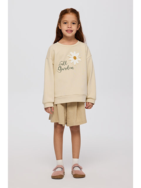 Panço Kız Çocuk Çiçek Motifli Sweatshirt BEJ - S000470897-19928