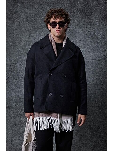 Abluka Online Erkek Oversize Kruvaze Kaban Siyah - S000491520-19351