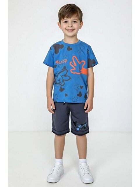 Riccotarz Erkek Çocuk Üzerinde El Digital Baskılı ve Ayıcık Desenli Mavi Şortlu Takım - S000527815-17234