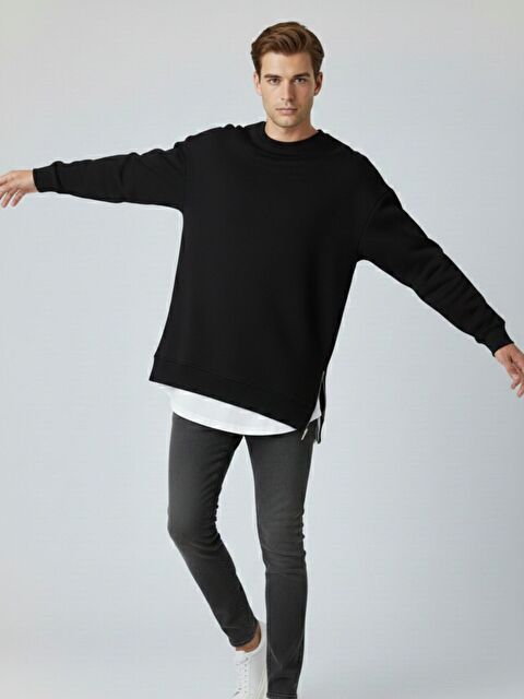 Trendseninle 3 İplik Siyah Bisiklet Yakalı Yanı Yarım Fermuar Detaylı Sweatshirt - S000505628-19351