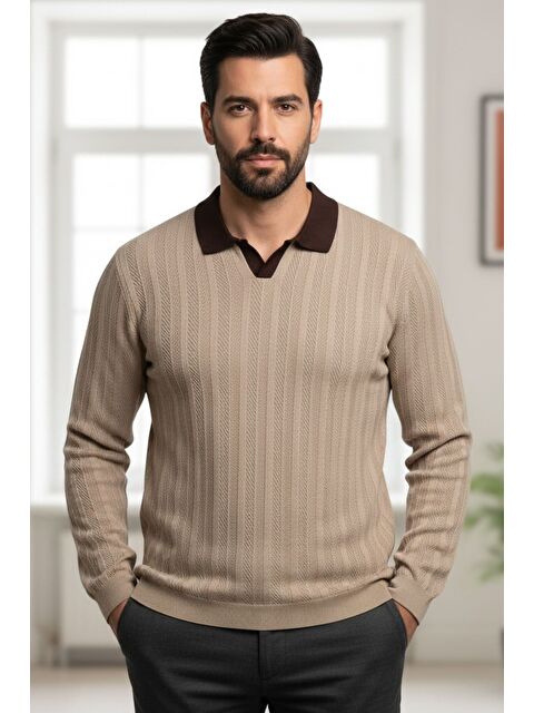 Mishar İtalia Erkek Polo Yaka Kendinden Desenli Triko Kazak - S000491521-19933