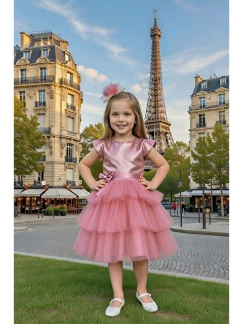 Riccotarz Kız Çocuk Göğsü Pulpayet İşlemeli Eteği Kat Kat Tüllü İçi Astarlı Gül Kurusu Abiye - S000527817-20028