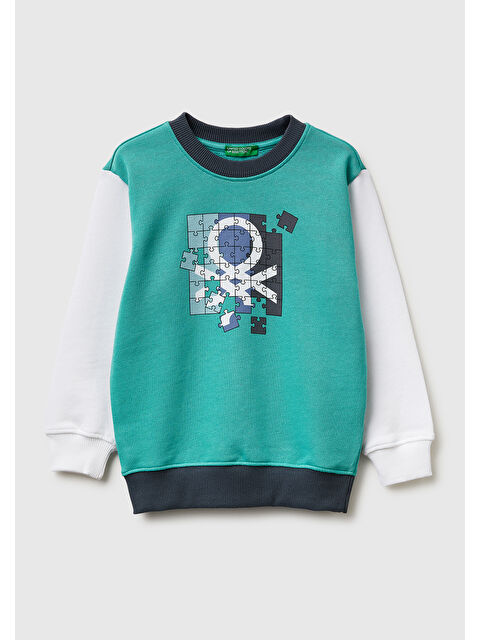 United Colors Of Benetton Erkek Çocuk Turkuaz Mix Önü Logo Baskılı Yuvarlak Yaka Sweatshirt