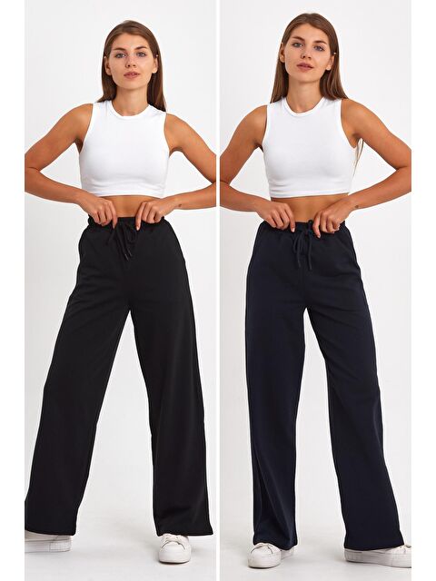 Mmetalic SİYAH-LACİVERT Kadın Mevsimlik Salaş Geniş Rahat Paça Yan Cepli 2'Li Eşofman Altı - S000233747-37436