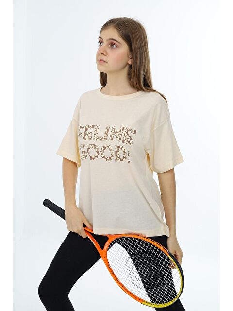 Pengai Krem Leopar Desenli Yazılı Bisiklet Yaka Kız T-shirt 18007 - S000143208-19966