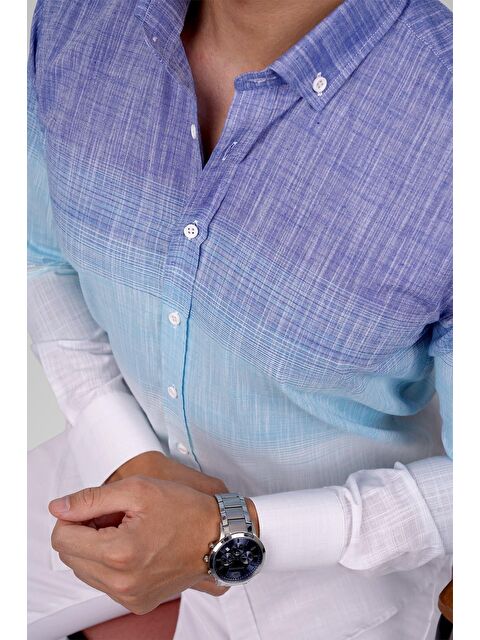 Etikmen Panolu Mint Mavi Geçişli Keten Slimfit Erkek %100 Pamuk Gömlek - S000236675-17234