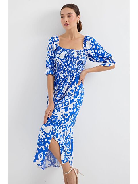 Bigdart 2512 Desenli Yırtmaçlı Elbise - Saks - S000241653-23710