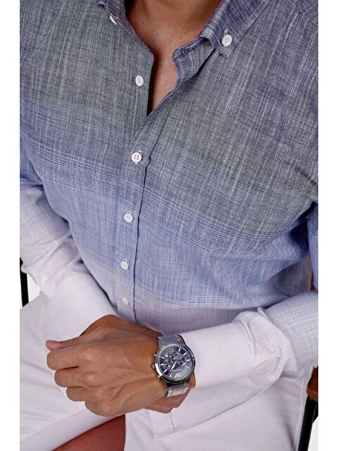 Etikmen Panolu Mavi Gri Geçişli Keten Slimfit Erkek %100 Pamuk Gömlek - S000236675-37370