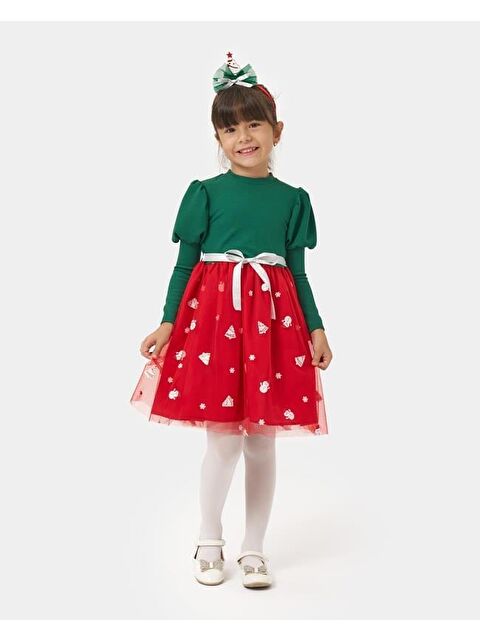 Magu Kız Çocuk Pamuklu Yeşil Kırmızı Yeni Yıl Desenli Tül Etekli Elbise - Fiyonk Kemerli - S000491895-23173