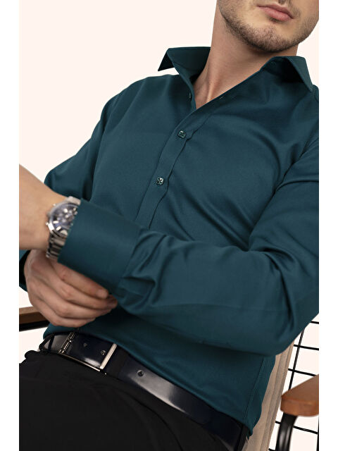 Etikmen Zümrüt Yeşili Kare Düğmeli Slimfit Erkek Gömlek - S000119125-37399