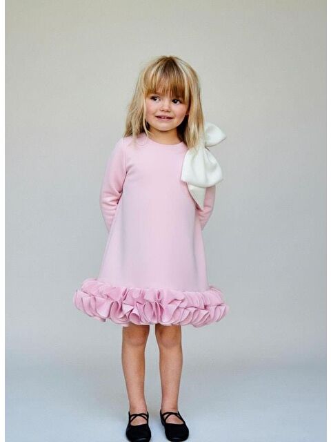 Magu Kız Çocuk Pamuklu Pudra Fırfır Detaylı Fiyonk Aksesuarlı Elbise – Özel Şıklığı - S000491900-20024