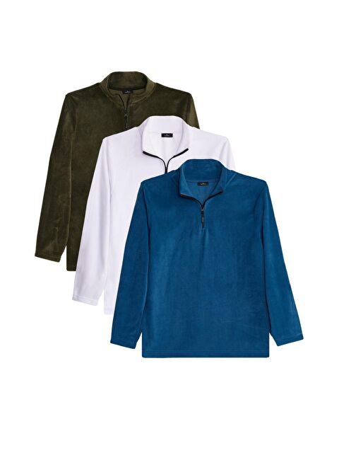 TUDORS Unisex 3'Lü Paket Haki-Ekru-İndigo Standart Fit Tüylenme Yapmayan Soğuk Geçirmez Polar Sweatshirt - S000521924-23173