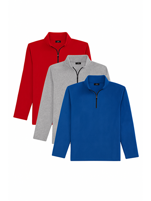 TUDORS Unisex 3'Lü Paket Mavi-Gri-Kırmızı Standart Fit Tüylenme Yapmayan Soğuk Geçirmez Polar Sweatshirt - S000521925-23173