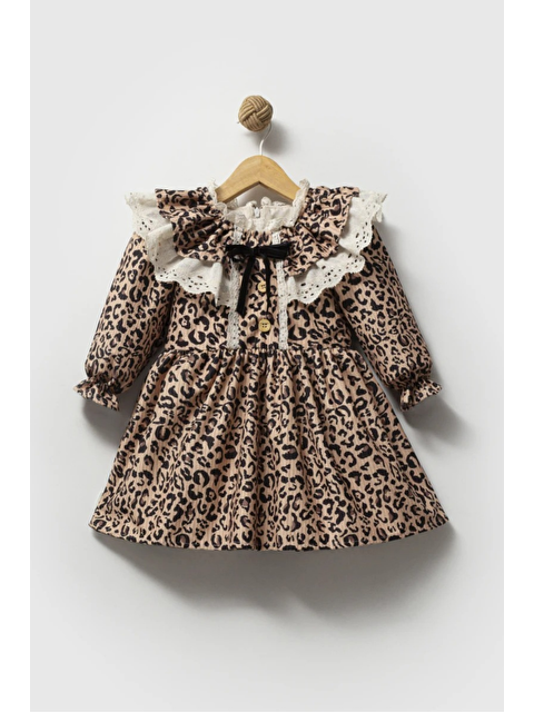 Magu Kız Çocuk Pamuklu Leopar Desenli Dantelli Elbise - Fırfır Yaka Ve Kurdele Detaylı - S000491902-19413