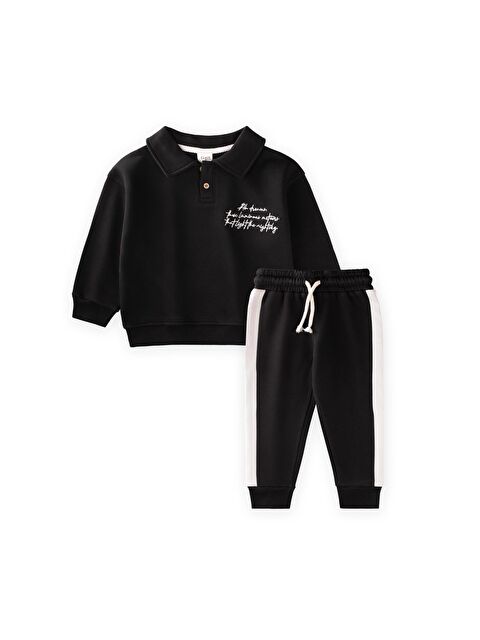 CİGİT Yakalı Nakış İşlemeli Sweatshirt Takım 2-10 Yaş Siyah - S000507520-19351