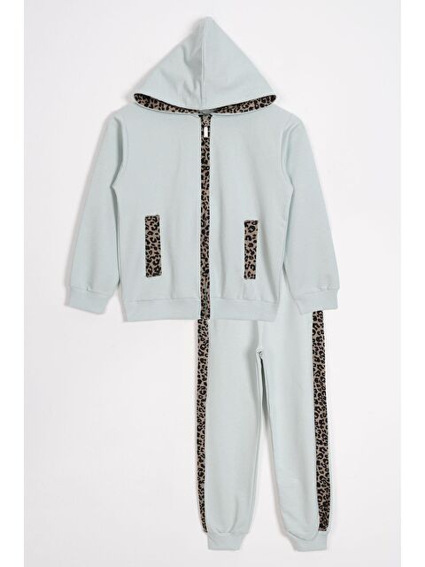Zepkids Kapüşonlu Leopar Şerit Detaylı Mint Renk Kız Çocuk Eşofman Takım - S000356960-1180
