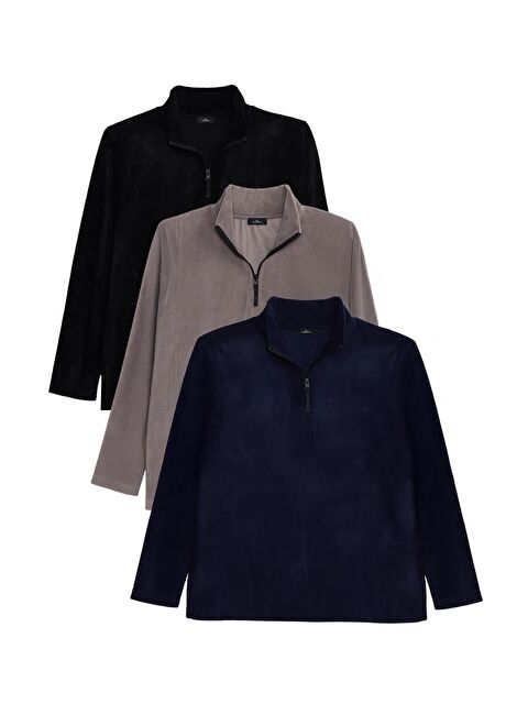 TUDORS Unisex 3'Lü Paket Lacivert-Gri-Siyah Standart Fit Tüylenme Yapmayan Soğuk Geçirmez Polar Sweatshirt - S000521926-23173