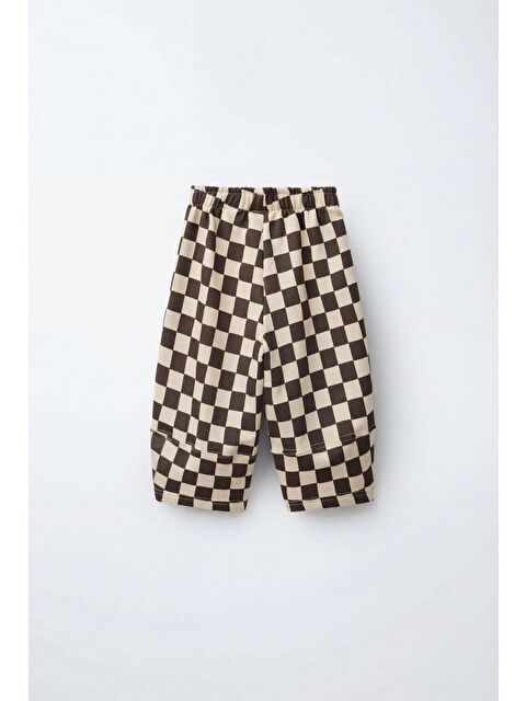 Magu Unisex Çocuk Pamuklu Kahverengi Dama Desenli Pantolon - Lastikli Bel Rahat Kesim - S000527818-19413