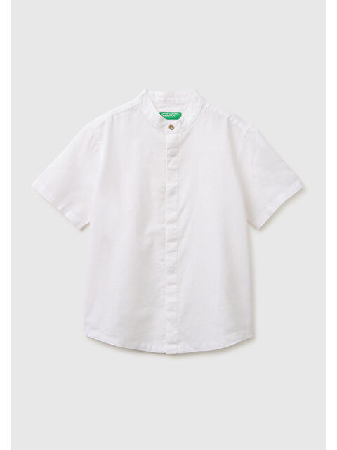 United Colors Of Benetton Erkek Çocuk Ekru Logo İşlemeli Ahşap Düğmeli Kısa Kollu Mandarin Yaka Gömlek