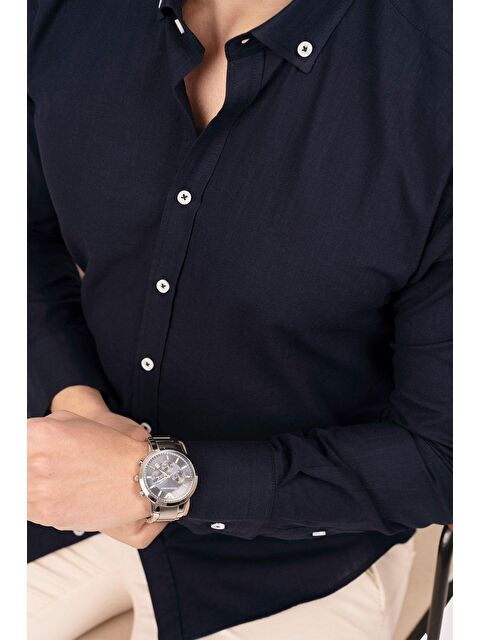 Etikmen Lacivert Yaka Düğme Keten Görünümlü Slimfit Erkek %100 Pamuk Gömlek - S000236680-21164