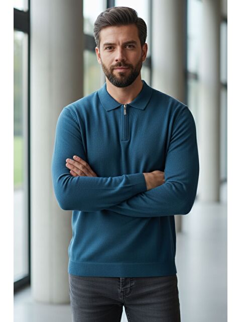 Mishar İtalia Polo Yaka Yarım Fermuarlı Erkek Triko Kazak - S000324294-20019