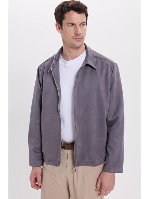 TUDORS Erkek Relax Fit Rahat Kesim Süet Fermuarlı Astarlı Cepli Gri Kolej Ceket Mont - S000521929-20600