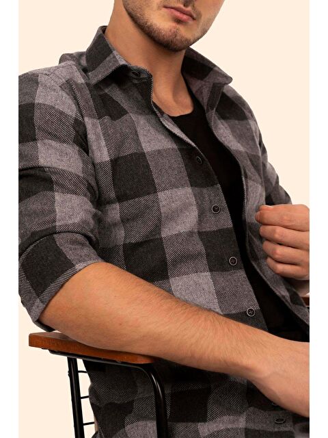 Etikmen Siyah Füme Dama Desen Slimfit %100 Pamuk Erkek Oduncu Gömlek - S000120139-37491