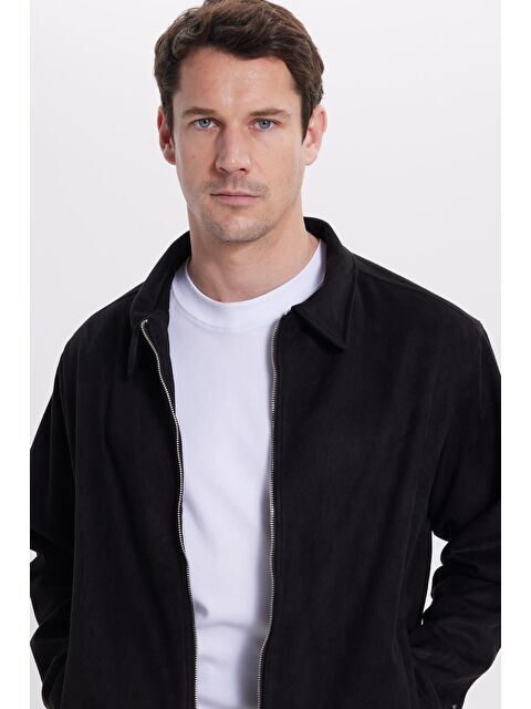 TUDORS Erkek Relax Fit Rahat Kesim Süet Fermuarlı Astarlı Cepli Siyah Kolej Ceket Mont - S000521930-19351