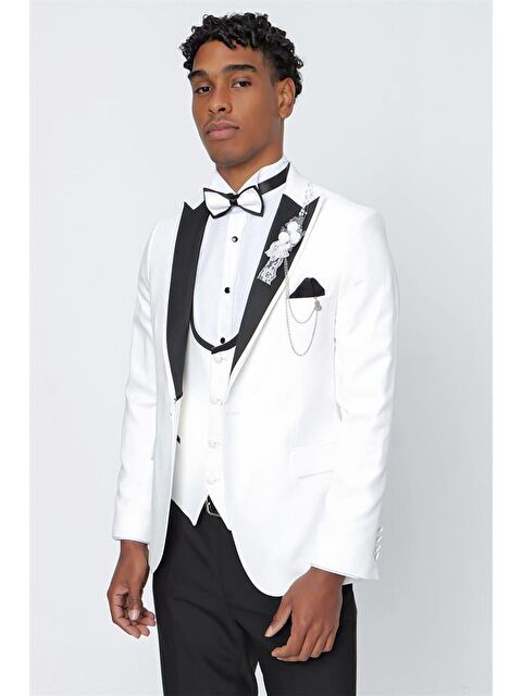 İMZA Açık Krem Armürlü Kırlangıç Yaka Astarlı Yelekli 6 Drop Slim Fit Smokin Damatlık 1001220206 - S000388092-3162