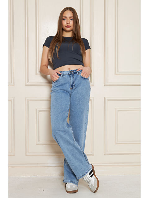 Comstar Kadın Bol Paça Yüksek Bel Baggy Mavi Jean Pantolon