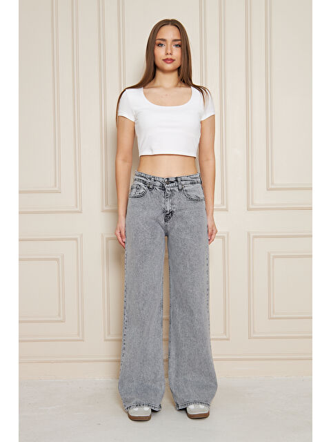 Comstar Kadın Bol Paça Yüksek Bel Baggy Gri Jean Pantolon