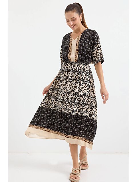 Bigdart 2517 Desenli Kısa Kol Viskon Elbise - Siyah - S000240629-19351