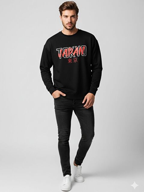 Trendseninle Erkek Siyah Tokyo Japan Baskılı Bisiklet Yaka Sweatshirt - S000505632-19351